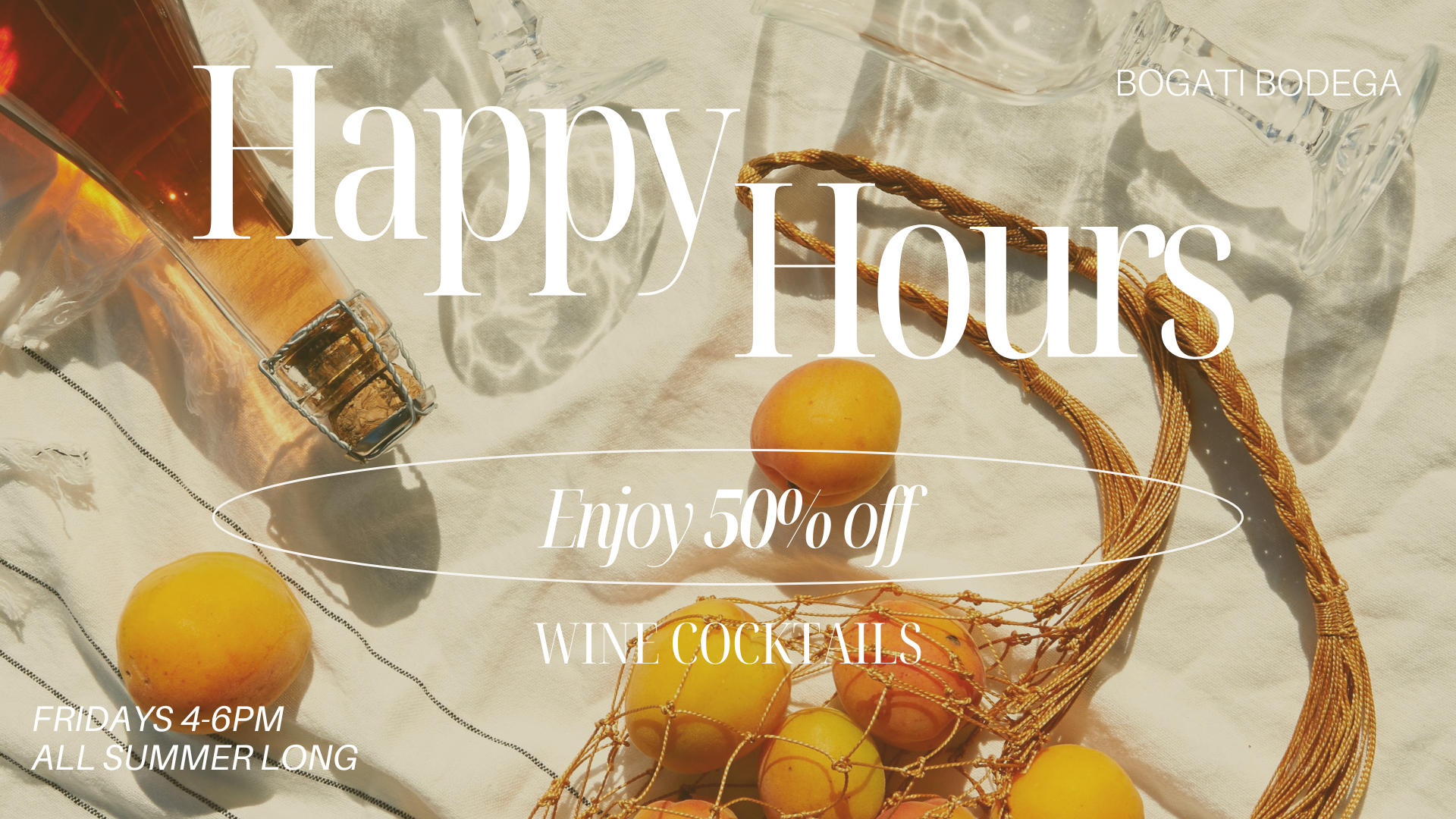infographic featuring fruit and wine on a blanket with white text that says happy hours 